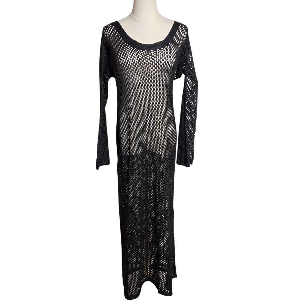 Black Open Weave Mesh Crochet Maxi Beach Club Dress